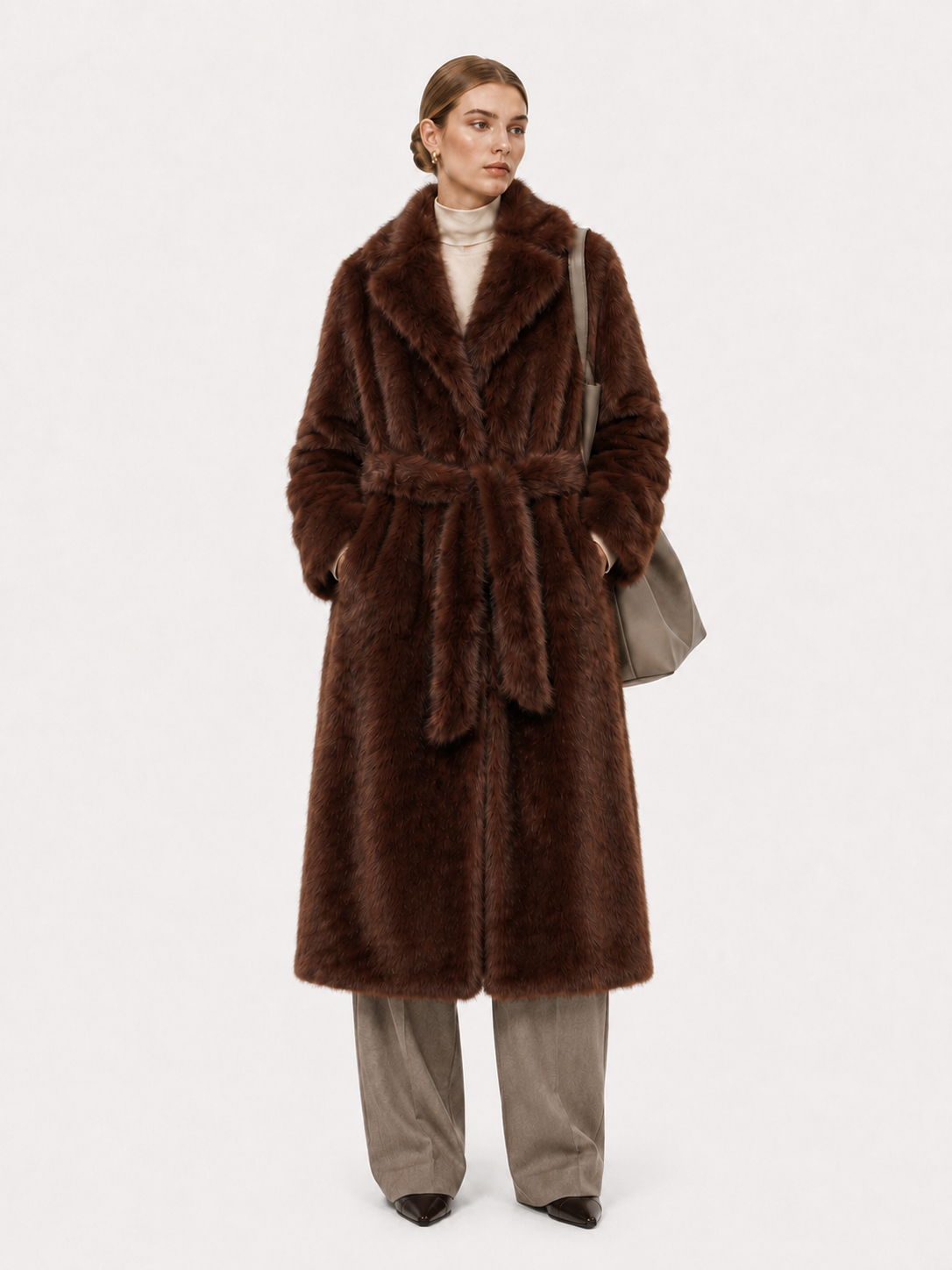 Full-length dark brown faux mink fur long jacket
