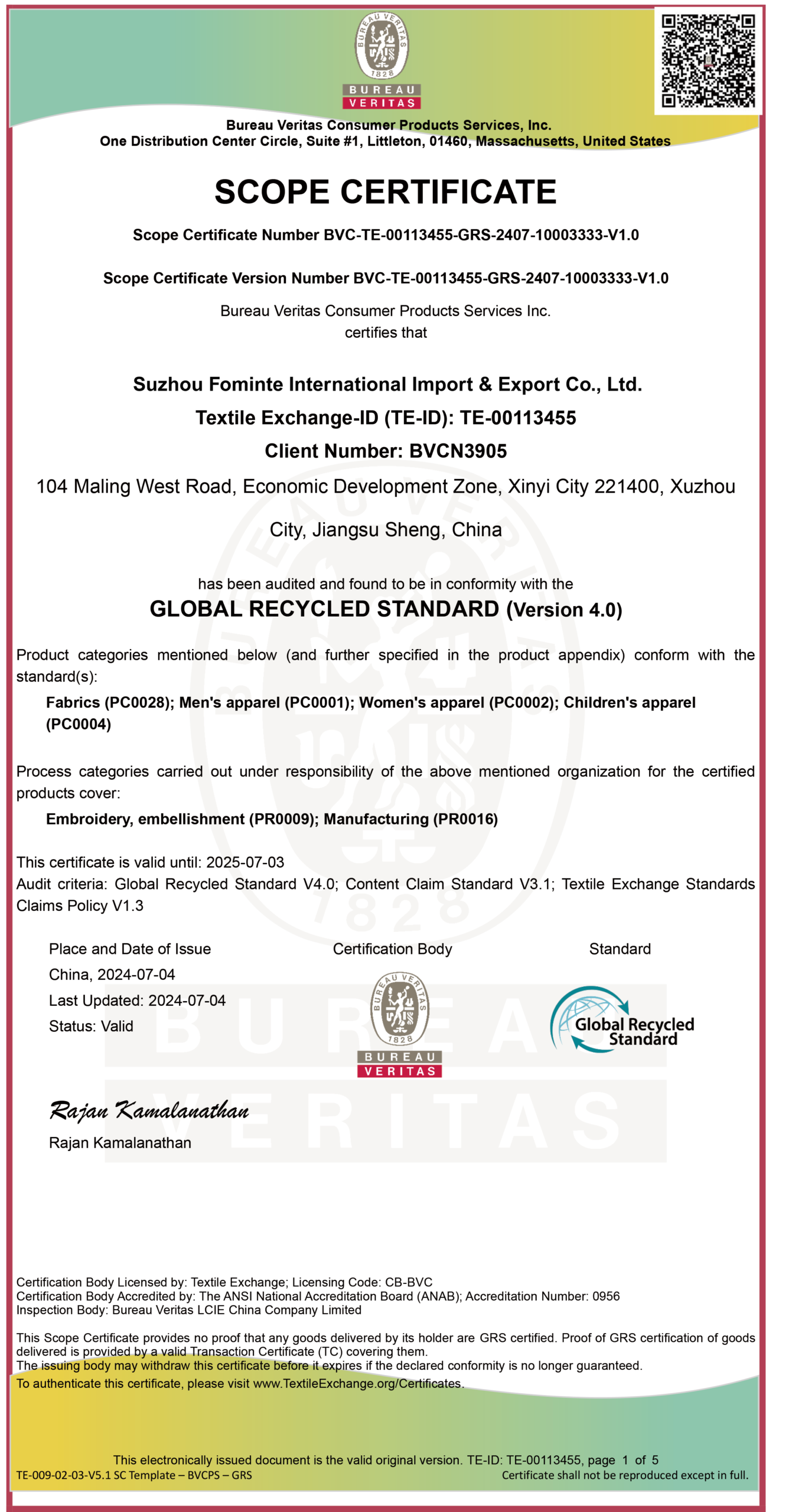 GLOBAL RECYCLED STANDARD Certificate